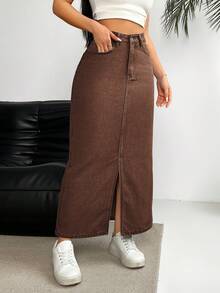 EMERY ROSE Women's Pocketed Split Hem Long Casual/Work Denim Midi Skirt Brown Denim Skirt Long Jean Skirt Long Skirt With Slit Women's Skirt Brown Maxi Skirt - Coffee Brown - View 4