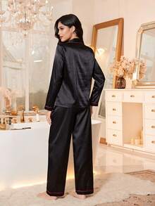 Women's Satin Pajama Set, Long Sleeve Button-Up Sleepwear With Red Heart Embroidery And Trim - Black - View 2
