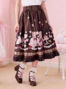 ROMWE Kawaii Retro Chocolate Heart Cookie, Teddy Bear, Bow, Cake, High Heel, Crown Tea Party Print Midi A-Line Skirt - Multicolor - View 2