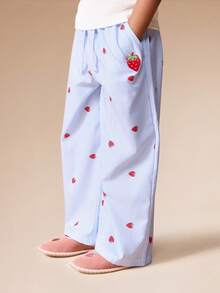 SUMWON Girls Wide Leg Striped Palazzo Pants With Strawberry Print Elastic Waist Summer Casual Bottoms Kids Lightweight Pants Vacation - Blue - View 1