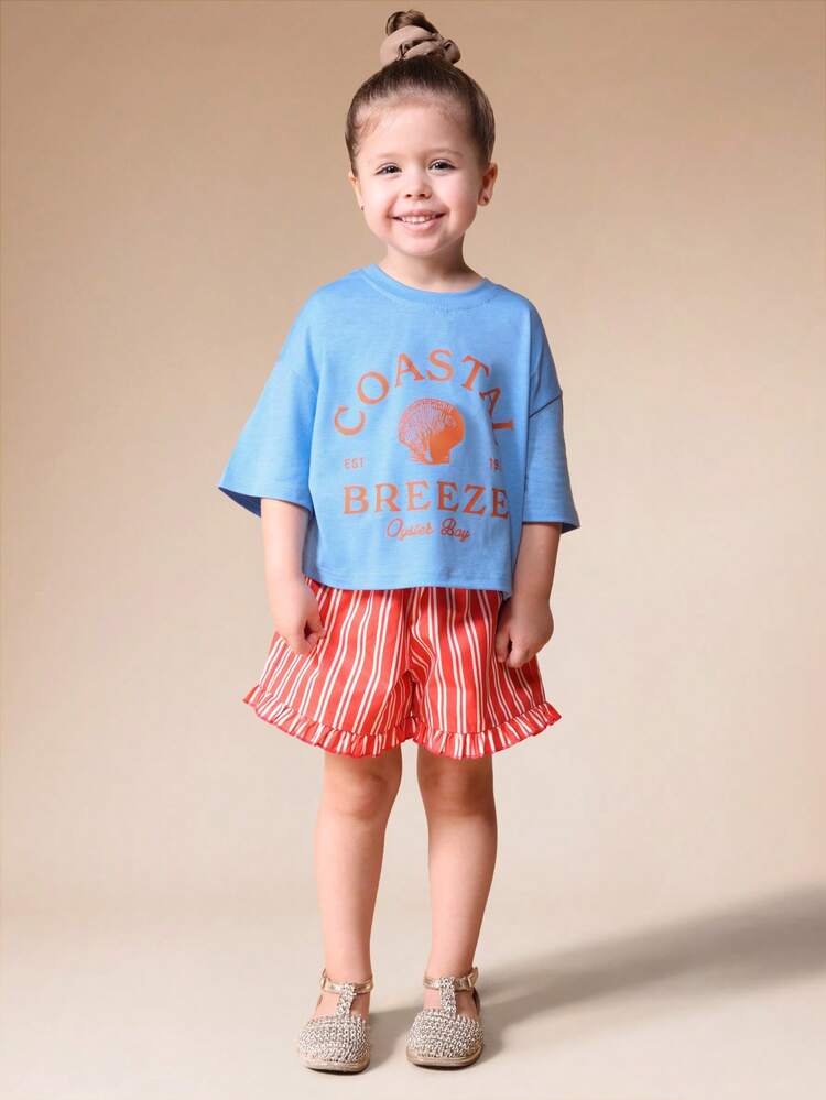 Graphic T-Shirt With Ruffle Striped Shorts Set