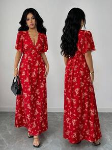 Selianne Damen V-Ausschnitt Puffärmel tailliertes A-Linien Kleid mit Blume Muster, ideal für Reisen, Strand, Sommer, verschiedene Farben - Rot - Übersicht 4