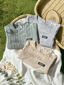SHEIN Vintaside Kids 3pcs Toddler Boys' Simple Casual Solid Color Ribbed Rompers,Soft Sage Green Baby Clothes,Summer Family Matching Gender Neutral Unisex Outfits - Multicolor - View 5