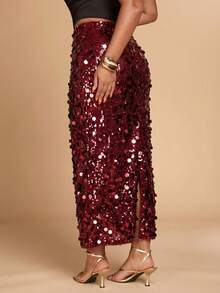 SHEIN BAE Falda con abertura y bajo con lentejuelas de unicolor para mujer de talla grande, de moda para fiestas - Burdeos - Ver 2