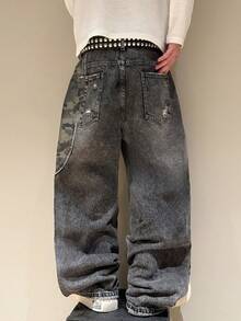 Manfinity EMRG 男士口袋拼接做旧设计休闲宽松直筒牛仔裤 - 灰色 - 查看 2