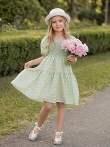 Elladie kids Tween Girls Plain Green Short Dress With Shirred Square Neck Half Puff Sleeves And Flounce Hem In A Line Basics Style - Green - View 5