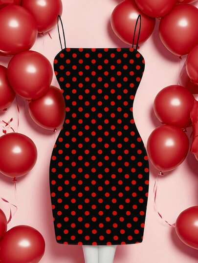 Muchica Damklänning med spaghettiband för alla hjärtans dag: Svart och röd miniklänning med prickigt tryck, trendig och mångsidig