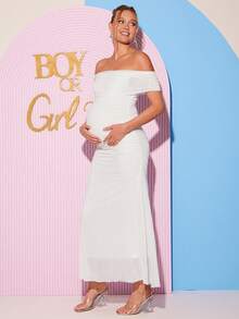 Loomaby 孕妇纯色露肩褶皱修身优雅连衣裙 - 白色 - 查看 10