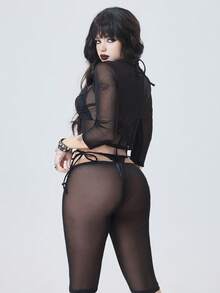 ROMWE Goth 女士度假纯色长袖低领罩衫上衣和百慕大短裤套装 - 黑色 - 查看 2