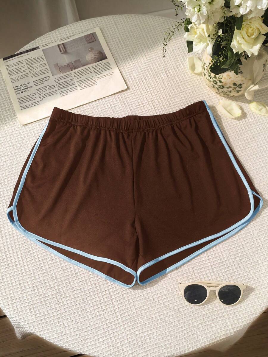 SHEIN EZwear 大码女式棕色休闲撞色滚边短裤，夏季 - 棕色 - 查看 1