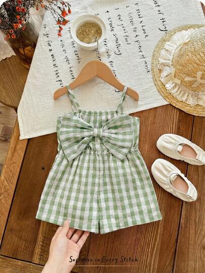 Cozy Pixies Baby Girl Colorful Striped Bow Decor Strap Romper Shorts, Versatile & Comfortable