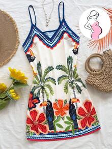 SHEIN Pregnant Women's Palm Tree Print Casual Sleeveless Dress - Multicolor - View 2