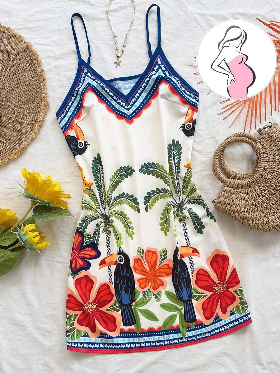 SHEIN 孕妇棕榈树印花休闲无袖连衣裙 - 彩色 - 查看 1