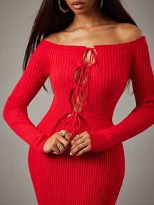 NYA SZN Matching Set (Top & Skirt) Top Long Sleeve Fitted Off The Shoulder Tie Detail Cut Out Maxi Skirt Fitted Festive Holiday Spring Break Winter Spring Knit Knitwear Rib Knit Outfits For Women - Red - View 5