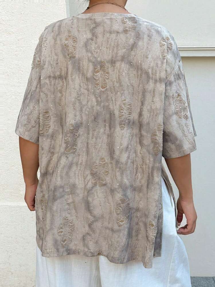 Dazy Plus Distressed V-Neck Loose Short Sleeve Plus Size Women T-Shirt, Street Style, Spring/Summer