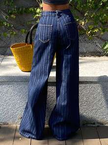 DAZY 女士交叉腰带条纹度假牛仔裤 - 藍色 - 查看 2