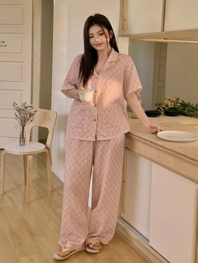 Dazy Plus 大码舒适格子衬衫长裤睡衣套装，夏季