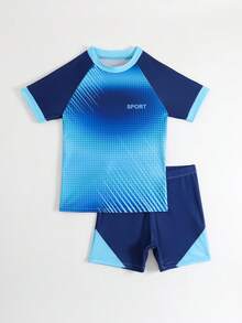 Set de 2 piezas de traje de baño para niños preadolescentes, azul marino + azul claro, estampado digital deportivo, tela de punto, camiseta de manga corta + pantalón de baño, estilo deportivo de moda, adecuado para nadar, vacaciones de verano, playa, piscina y otras ocasiones - Azul - Ver 7