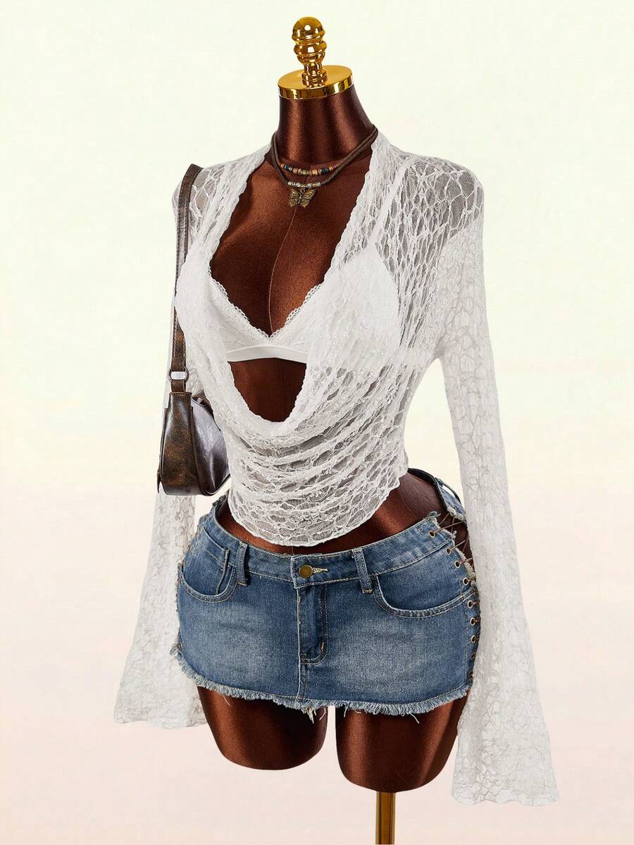 Amplova 2件套浪漫春假低胸吊带背心和蕾丝边女士内衣上衣 - 白色 - 查看 1