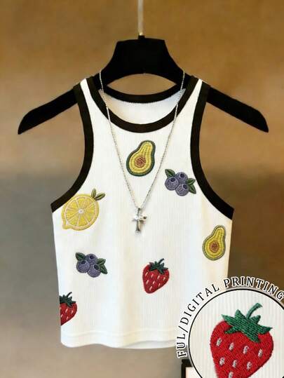 Franclia New Arrival Popular Embroidered Fruit Pattern Casual Everyday Regular Fit Women Tank Top