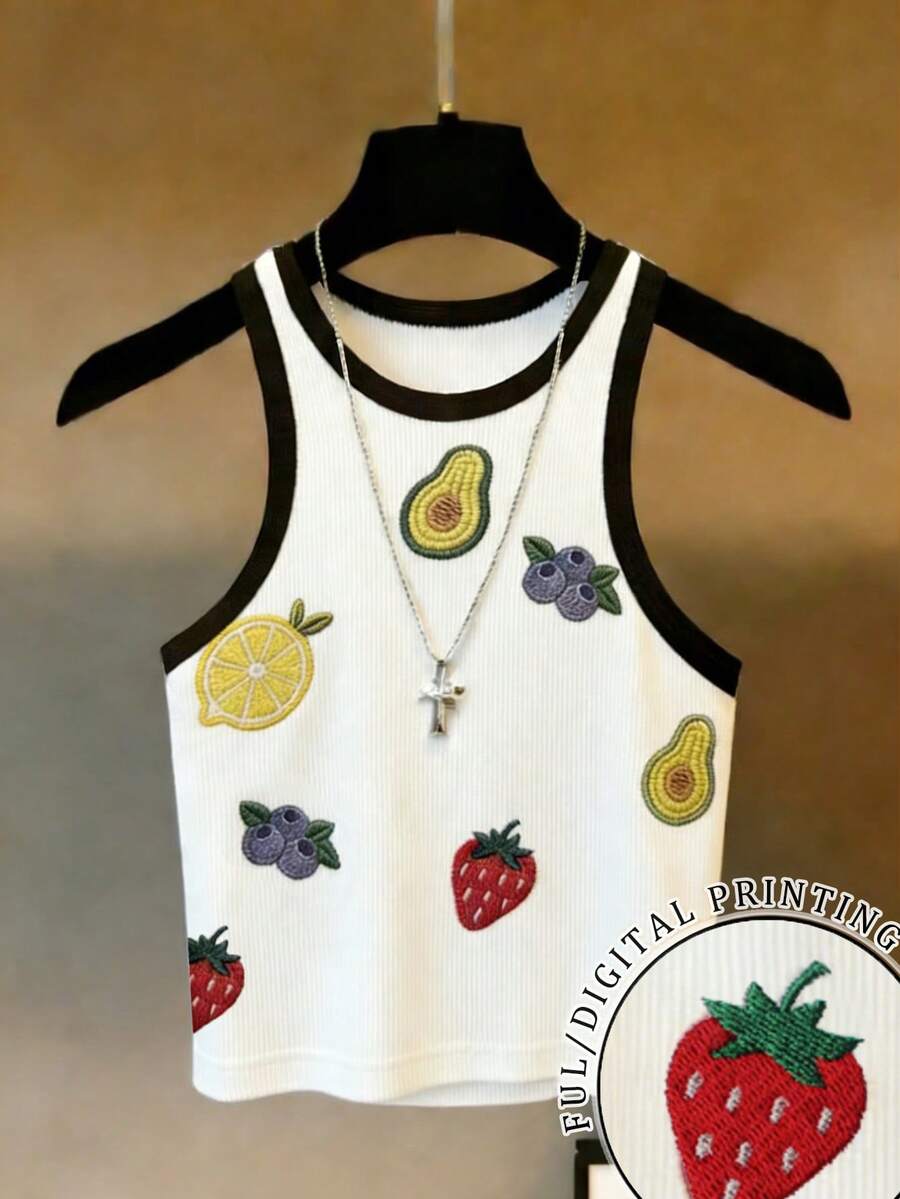 Franclia Nueva llegada Camiseta de tirantes regular para mujer con patrón de frutas bordado popular para uso diario casual - Blanco - Ver 1