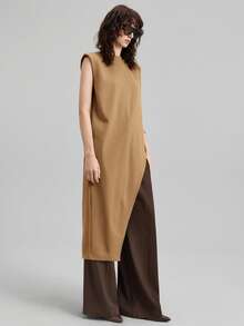 Ontre Áo kiểu nữ không tay dáng rộng, vạt bất đối xứng, dài, thích hợp mặc đi làm/đi chơi, thanh lịch cho thành thị, hẹn hò, dự đám cưới, kỳ nghỉ hè. - Màu Khaki - Xem 5