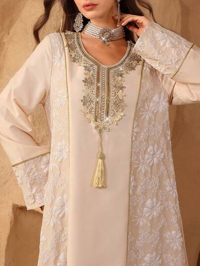 Al Najma 休闲宽松舒适提花拼接纯色长袖女士土耳其束腰外衣和阿拉伯传统长袍