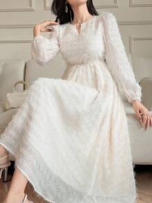 DAZY Women's Fringe Textured Fabric Waist Cinched Long Sleeve Elegant Dress - Beige - View 7
