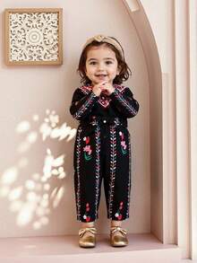 SHEIN جمبسوت قصيرة كم للرضع بطبعات زهرية مع حزام، مناسبة للعب بالخارج والمناسبات، للربيع والصيف - الأسود - مشاهدة 1