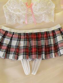 DelicateAllure Bộ đồ lót nữ sinh/sinh viên 2 món kẻ caro hở đáy phối màu tương phản với nơ, lưới xếp nếp, ren hoa, xuyên thấu, lãng mạn, thích hợp cho các bữa tiệc, lễ hội âm nhạc, gợi cảm. - Nhiều màu - Xem 4