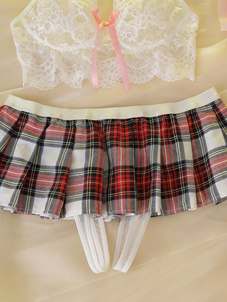 SHEIN 2pcs Christmas Student Plaid Open Crotch Contrast Color Bow Mesh Ruffle Floral Lace Sheer Romantic Party Music Festival Sexy Lingerie Set For Women - Multicolor - View 4