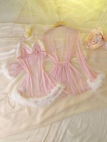 DelicateAllure Women's Baby Pink Sexy Robe Set Mesh Fabric All Over Print Semi-Sheer Long Bell Sleeve Spaghetti Strap Pajama - Baby Pink - View 7
