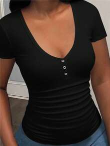 Slaydiva 大码休闲纯色V领短袖修身T恤，夏季 - 黑色 - 查看 6