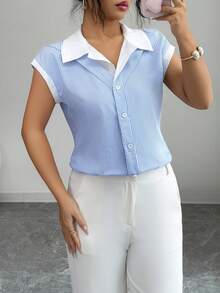 Elenzga 女士翻领简约新款拼接夏季职业商务休闲通勤蓝白条纹短袖衬衫 - 藍白色 - 查看 5