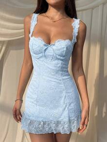 SHEIN EZwear 女士蓝色花卉蕾丝蝴蝶结装饰修身无袖迷你连衣裙，修身连衣裙 - 藍色 - 查看 6