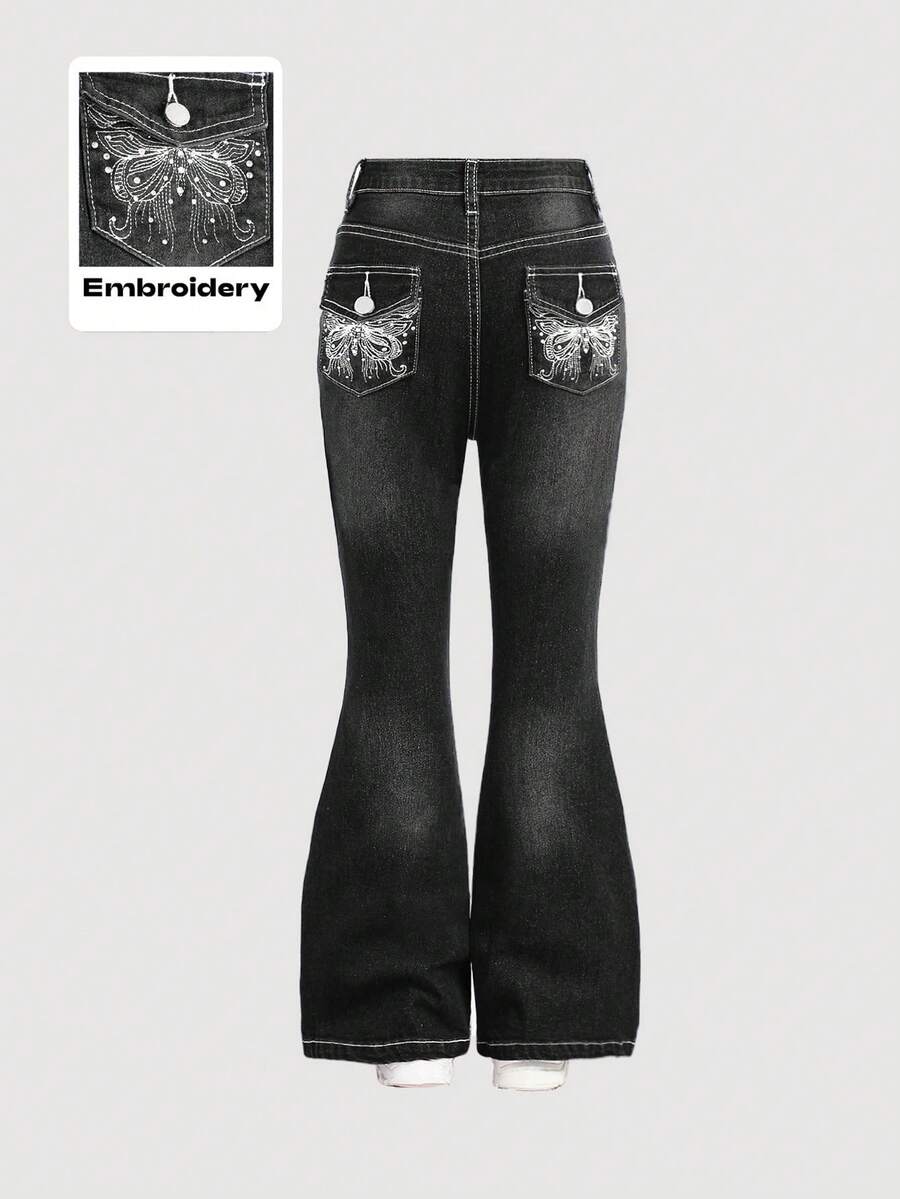 SHEIN Girlism Tween Girl Fashion Y2K Low Waist Vintage Rhinestone Butterfly Embroidered Denim Flare Leg Jeans, Fall Winter Back To School Emo Jeans Glitter Jeans Flare Jeans With Rhinestones Boot Cut Jeans With Rhinestones Rhinestone Jeans - Black - View 1