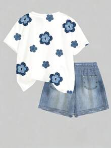 复古碎花图案少女休闲圆领短袖T恤短裤两件套，适合春夏日常穿着、居家、上学——春夏套装，女童时尚套装，休闲装，儿童碎花图案服装，春夏时尚，春夏服装