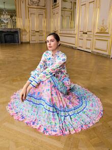 LOTSLUV Women's Blue & Pink Placement Print, Ruched Flounce Hem, High-Low Hem, A-Line Skirt - Multicolor - View 6