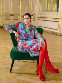 LOTSLUV 女士优雅撞色印花V领长袖收腰缎面亮面衬衫，蓝色、绿色、红色可选 - 藍色 - 查看 6