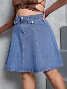 SHEIN ICON Plus Size Solid Color Belted Casual Summer Versatile Denim Mini Skirt - Light Wash - View 5