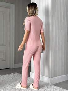 EURMUSE 100%Cotton Letter Embroidery Ribbed Knit Lounge Set - Pink - View 2