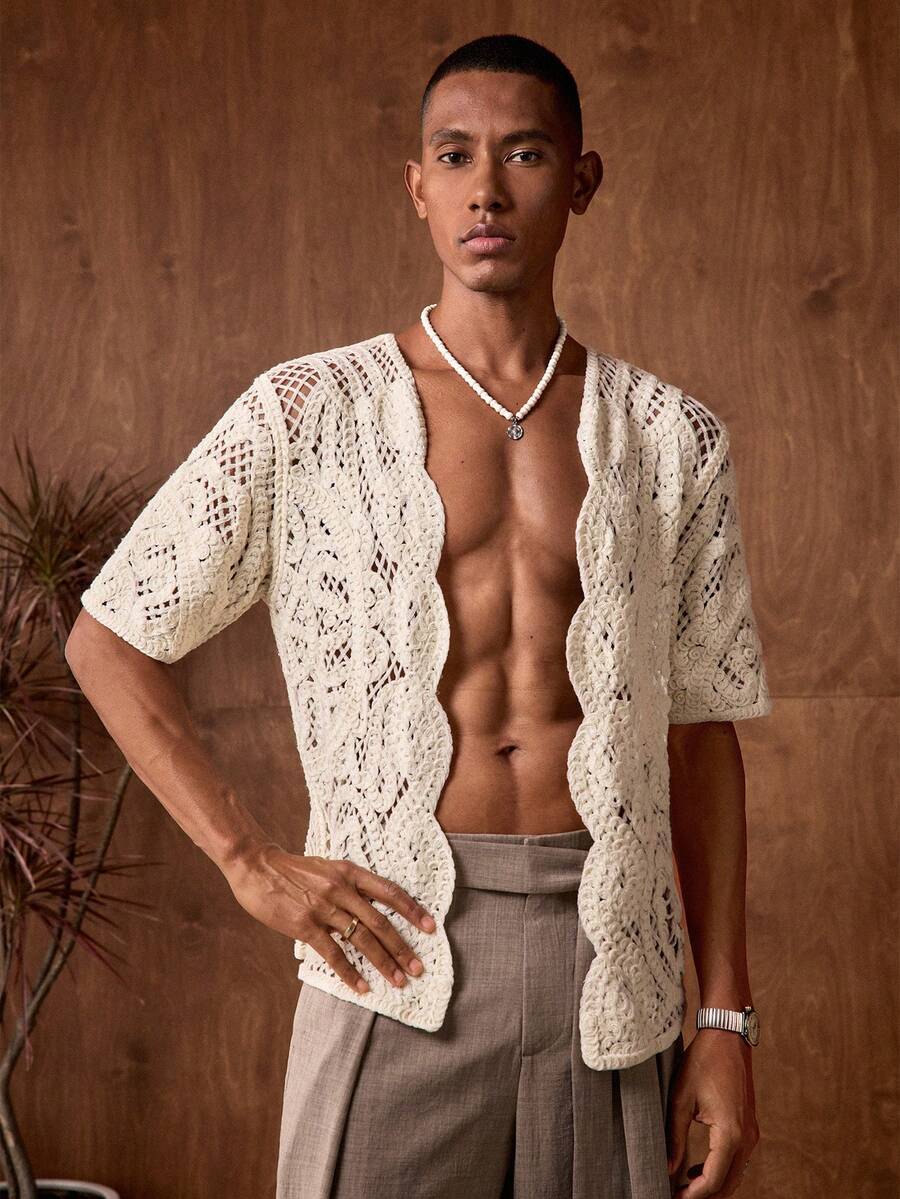 AKNOTIC Business Casual 杏色波西米亚风半透明针织衫男士短袖荷叶边常规上衣男士针织套装男士蕾丝衬衫男士沙滩装白色奶油色男士钩针套装开襟针织衬衫