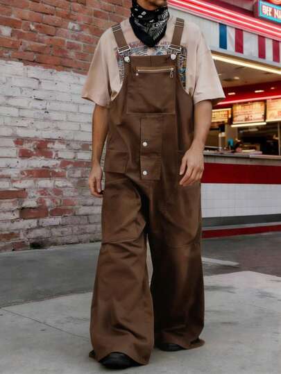 Manfinity Roghcode Men's Loose Wide Leg Bib Pants, Fashion Bib Pants, Valentine's Day,Spring To Summer,Gift For My Boyfriend,Mardi Gras,Vintage,Streetwear,Party,St Patrick's Day,Going Out