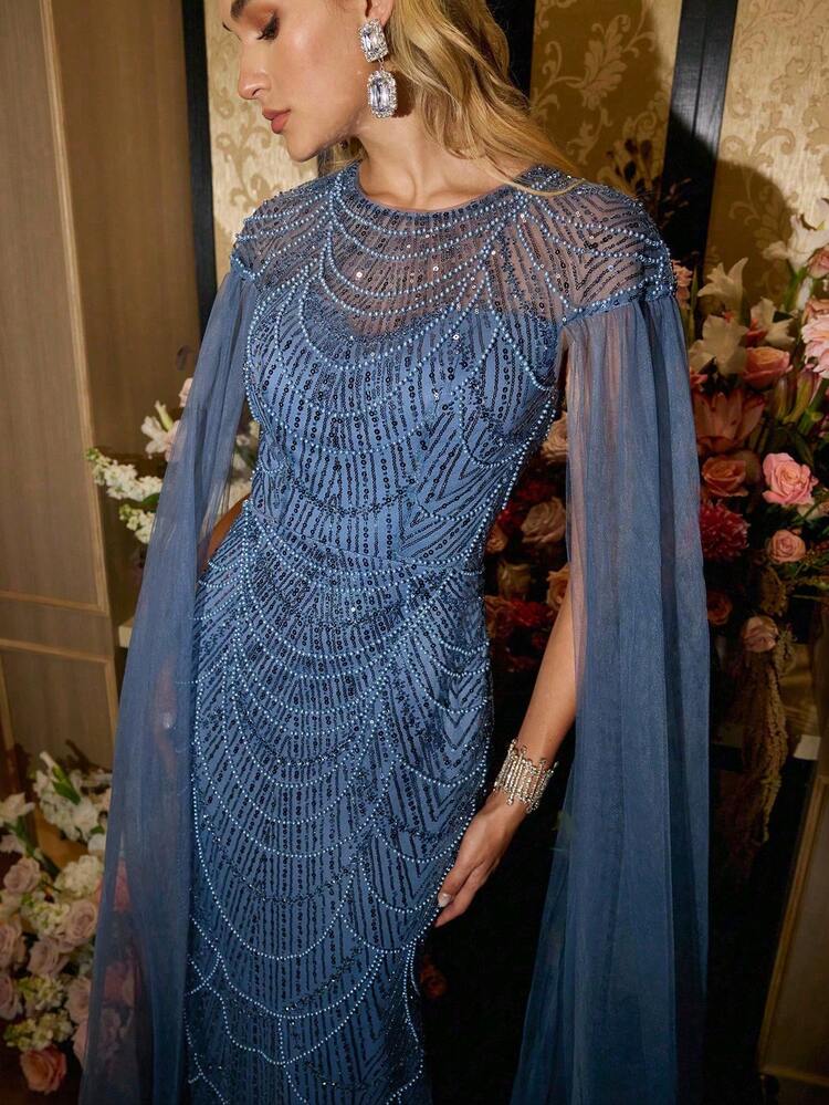 MOTF Soiréza LUXURY BEADED MERMAID HEM EVENING GOWN - ROUND NECK MAXI PARTY DRESS WITH SHEER LONG FLOWING SLEEVES FOR FORMAL EVENTS