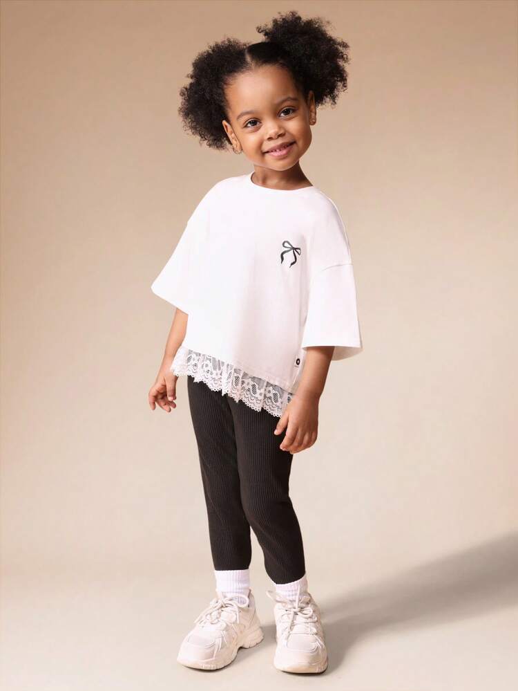 White Lace Trim T-Shirt With Black Ribbed Leggings Set