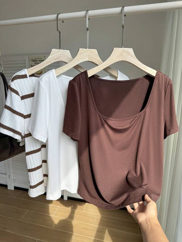 SHEIN EZwear 大码女式方领短袖休闲百搭T恤