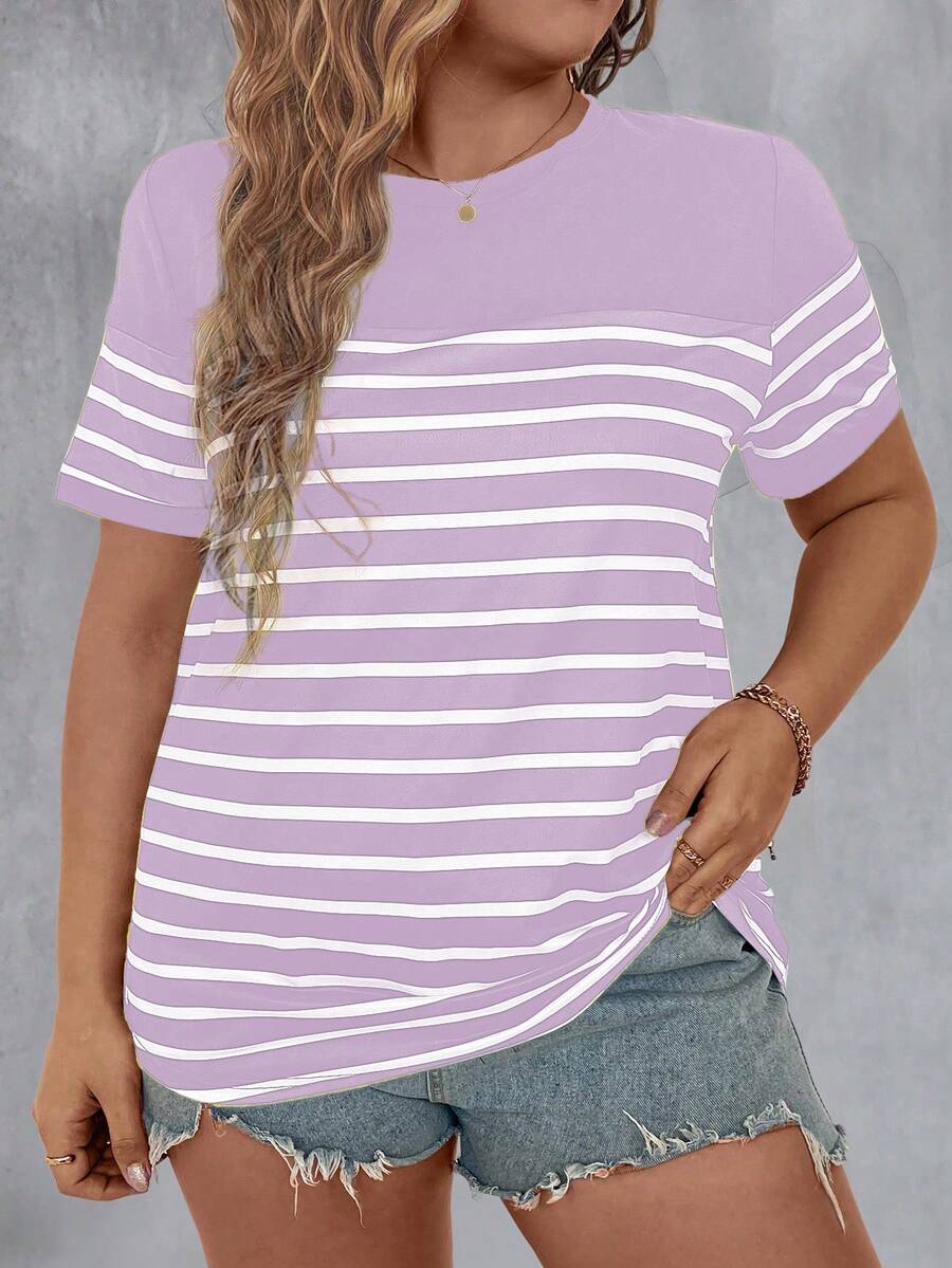 大码女式夏季条纹印花圆领短袖休闲T恤图案上衣 - 紫色 - 查看 1