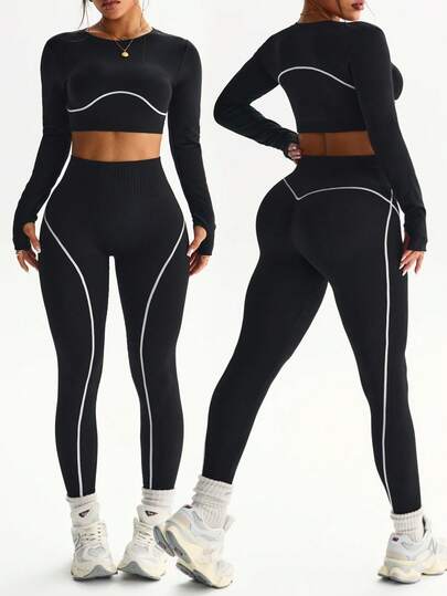 Rhythm Era 2pcs Women Plus Size Seamless Contrast Stripe Slim Fit Thumb Hole Round Neck Long Sleeve Cropped Pants Sports Set, Suitable For Running, Workout, Fitness
