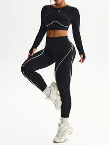 SHEIN Dewbera 两件套女士加大码无缝撞色条纹修身圆领长袖七分裤运动套装，适合跑步、锻炼、健身 - 黑與白 - 查看 4