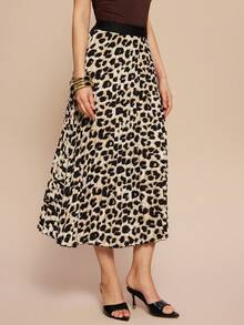 Franclia Leopard Print Pleated A-Line Casual Versatile Mini Skirt Maxi Women Outfit - Light Grey - View 6